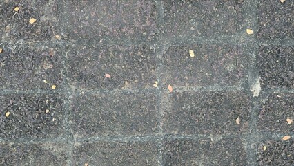 Aged, stained gray and black paving stones surface. Rough and durable, with a square pattern and small dry leaves. Vintage natural background.