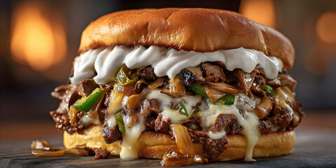 Gourmet Cheesesteak Melt with Creamy Sauce, ai generated.