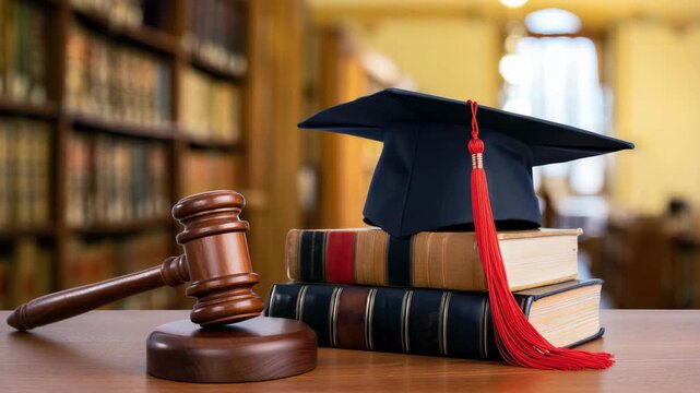Law education concept with judge gavel, graduation cap and legal books in library, academic success, justice career background for university brochure, online course, professional branding