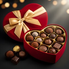 A delightful red heart-shaped box overflowing with gourmet assorted chocolates and truffles