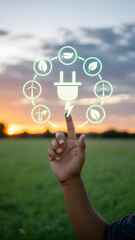 Hand Reaching Toward Floating Environmental Icon Diagram at Sunset