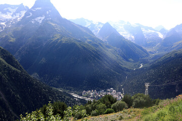 Panoramic view of Dombay valley in Caucasus mountains