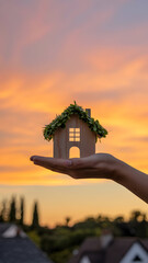Hand Holding Small Wooden House Model Against Dramatic Sunset Sky