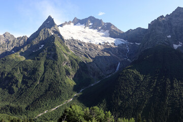 Panoramic view of majestic mountain landscape with snowcapped peaks