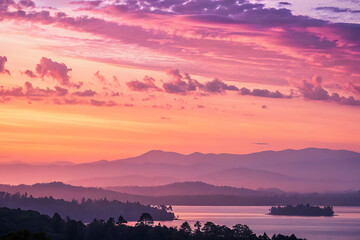 Majestic golden sunrise and sunset views glow over rugged mountain peaks during the transition between day and night