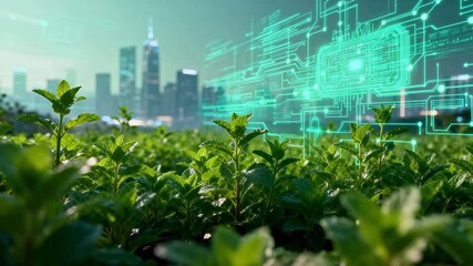 Green plants with futuristic cityscape