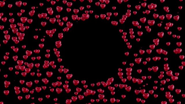 Seamless 4K loop of many red hearts appearing around a central circular frame. High heart density, each heart pulses twice, then fades out. Smooth looping animation with alpha channel for easy VFX 