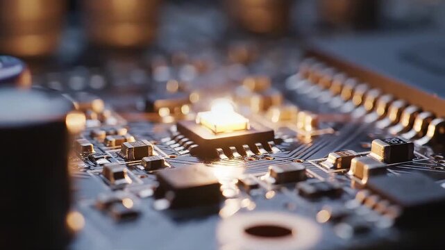 Detailed view of a computer motherboard with glowing central processing unit