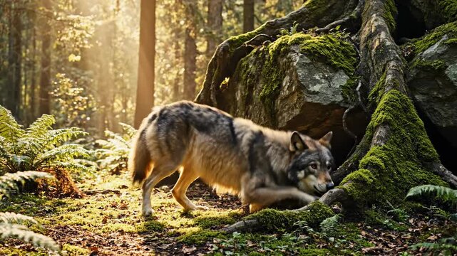 Cautious gray wolf surveying a sun-drenched dense forest clearing with lush greenery before settling down to rest near a large, shaded mossy rock structure natural, gray, outdoor