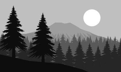 A serene landscape illustration features silhouetted pine trees and mountains in shades of brown under a light sky with a bright sun. The image creates a peaceful and minimalist scene.