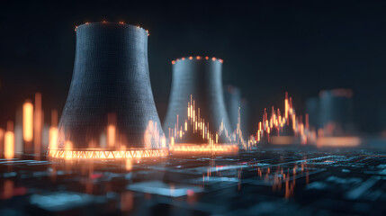 Nuclear power plant cooling tower energy infrastructure digital art glowing chart night scene industrial landscape data visualization futuristic