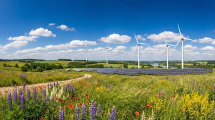 Wind turbines and solar panels stand in a blooming flower meadow under a sunny blue sky, showcasing harmony between sustainable clean energy technology and nature.