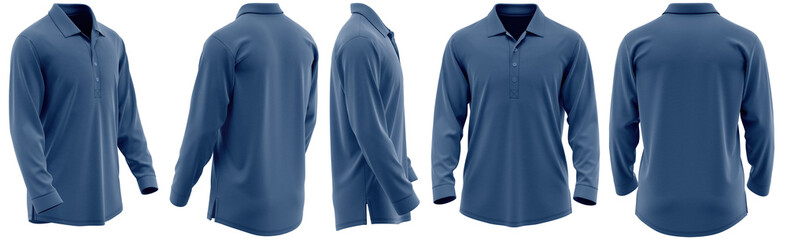 Polo Shirt Long Sleeve with Extended Placket, Sport Style, Mockup Ready, Navy Color