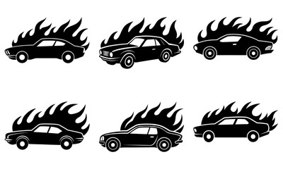 Burning Cars Silhouettes on White Background fire black