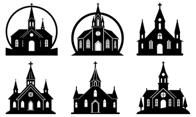 Six Different Church Silhouettes on White Background building architecture