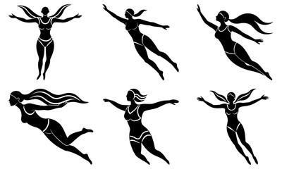 Five Silhouettes of Women in Athletic Poses with Long Hair on White Background