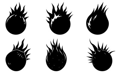 Six Black Onion Silhouettes with Spiky Tops on White Background vegetable