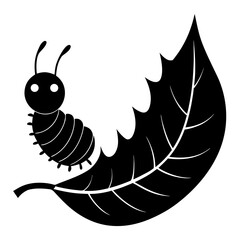 Adorable black silhouette caterpillar nibbling on a partially eaten leaf vector graphic