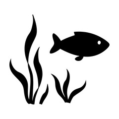 Simple black silhouette of a fish swimming amongst stylized aquatic plants on a clean white background vector