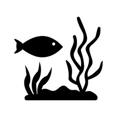 Simple black silhouette of a fish swimming among two groups of aquatic plants on a white background vector graphic.