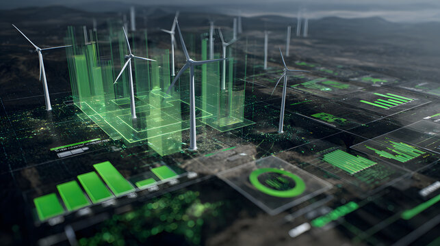 Green energy wind farm visualization with data overlays showing turbines, charts and analytics in high tech landscape