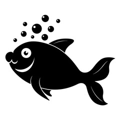 Smiling black cartoon fish swimming with rising bubbles, depicted as a simple vector graphic
