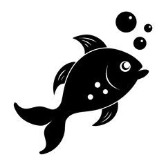 Simple black and white vector illustration of a cartoon fish swimming with bubbles