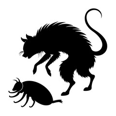 Stylized black cat silhouette with arched back and spiky fur pouncing on a horned insect vector art 