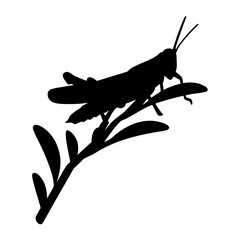 Black silhouette vector illustration of a grasshopper resting on a plant stem with leaves