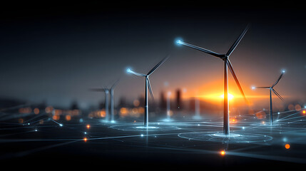 Wind turbine network at sunset with glowing data links, futuristic renewable energy grid powering smart city