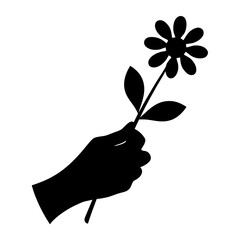Black silhouette of a hand holding a flower with two leaves, isolated on a white background, in a clean vector