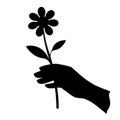 Stylized black silhouette vector illustration of a gentle hand holding a blooming flower