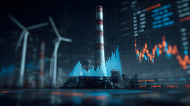 Industrial power plant with financial energy market graph overlay showing stock trends and trading data