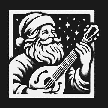 Black and white vintage illustration of Santa Claus playing a mandolin under a starry sky.