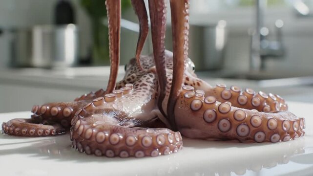 Close-up of a raw octopus with its tentacles and body lying on a white kitchen surface ready for preparation