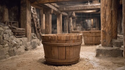 Fototapeta premium Wooden Buckets Inside a Salt Mine with Rustic Architecture and Stone Walls