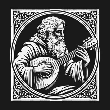 Vintage Black and White Illustration of a Bearded Bard Playing Music.