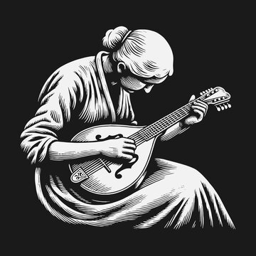 Monochrome Engraving Style Illustration of a Woman Playing a Mandolin.