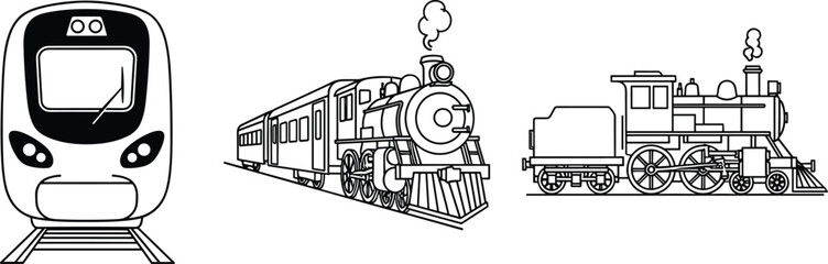 Train vector illustration set, modern metro front view and vintage steam locomotive outlines for railway transport design © Shahajan