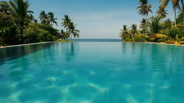 Luxury infinity pool at a tropical resort with a stunning panoramic ocean view. Idyllic summer holiday destination for exclusive travel, relaxation and a peaceful escape
