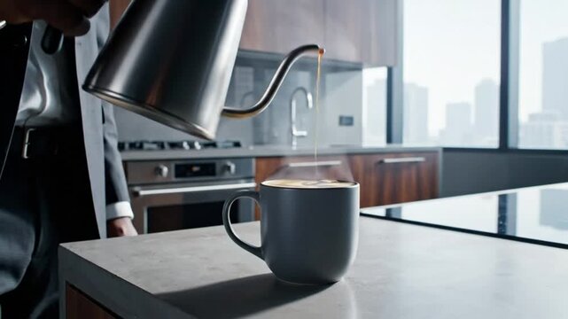 Morning Coffee Ritual: Man in Suit Pours Hot Brew from Gooseneck Kettle into a Gray Mug in Modern Kitchen