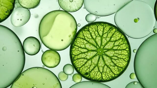 Abstract green liquid bubbles and droplets with organic texture for science or cosmetic concept