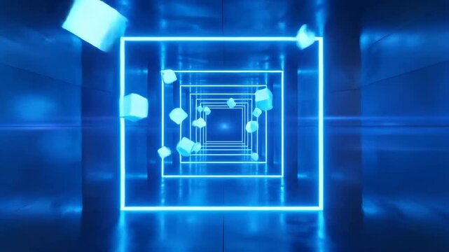 Futuristic blue tunnel with glowing square frames receding into the distance.