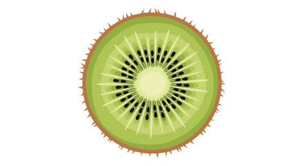 A close-up, top-down view of a vibrant, sliced kiwi fruit, showcasing its green flesh, black seeds, and fuzzy brown skin.