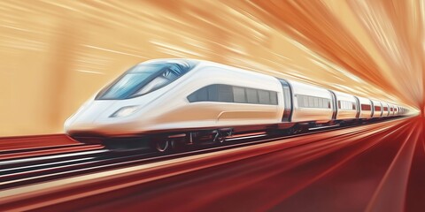 Obraz premium Futuristic high-speed subway train in motion blur, illuminated by cool blue and purple neon lights in a dark tunnel, symbolizing fast travel and technology