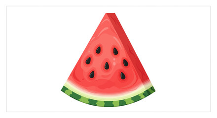 A vibrant, triangular slice of juicy watermelon with black seeds, showcasing its refreshing texture and bright red flesh.