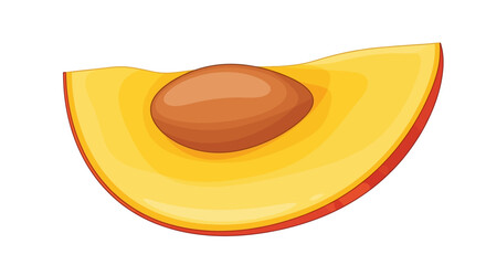 A vibrant, stylized illustration of a single slice of ripe peach, showcasing its juicy flesh and central pit.