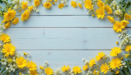 Yellow daisies and white flowers frame light blue wooden planks