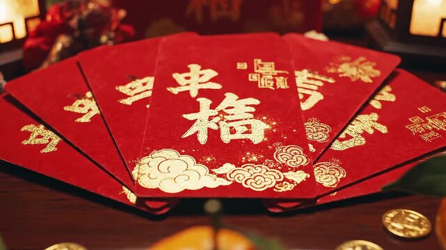 Chinese New Year angpow red envelopes with gold coins.