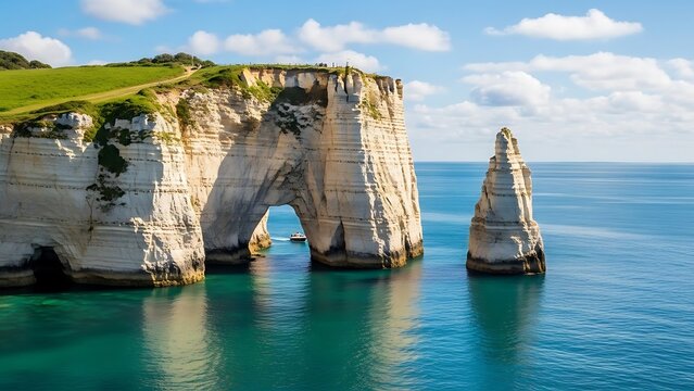 Aerial View of &Eacute;tretat Cliffs with Natural Arch and Rock Formations in the English Channel